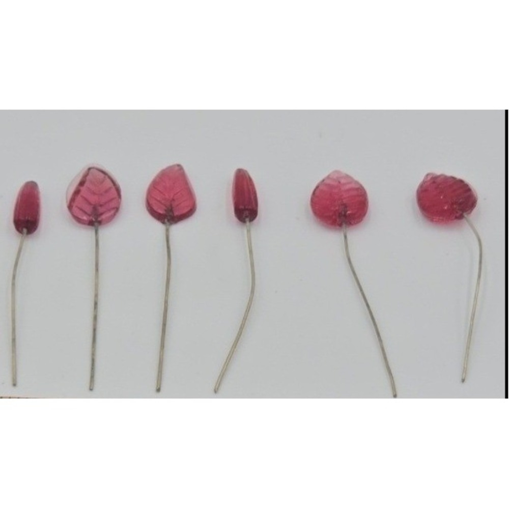 6 Vintage Molded Glass Leaf Stems Rose Pink Raspberry Millinery Craft Pins Lot